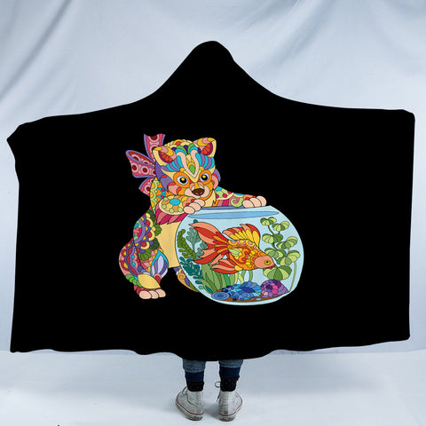 Image of Colorful Geometric Cat & Fishbowl SWLM4743 Hooded Blanket