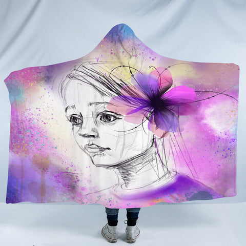 Image of Purple Floral On Lady's Ear Sketch SWLM4752 Hooded Blanket