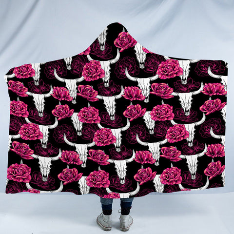 Image of Multi Pink Roses & Buffalo Skull SWLM5186 Hooded Blanket