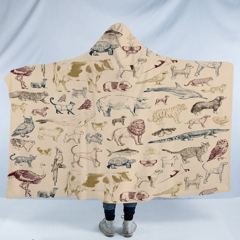 Image of Vintage Color Animal Sketch SWLM5255 Hooded Blanket