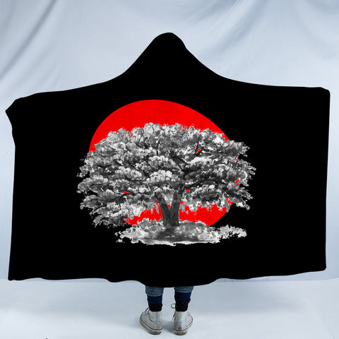 Image of Big Tree Red Sun Japanese Art SWLM5257 Hooded Blanket