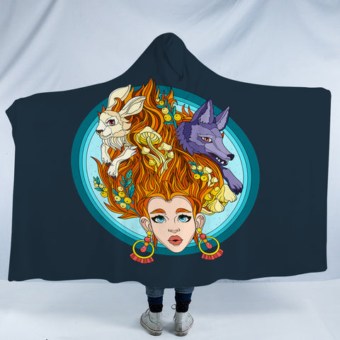 Image of Jungle Lady Rabbit & Wolf Illustration SWLM5337 Hooded Blanket