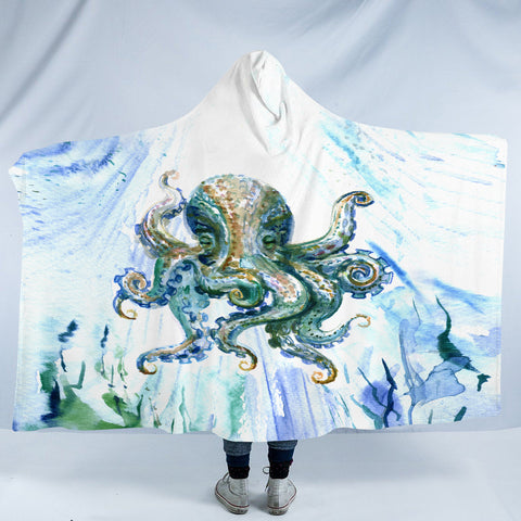 Image of Watercolor Big Octopus Blue & Green Theme SWLM5341 Hooded Blanket