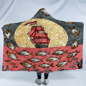 Multi Fishes & Pirate Ship Dark Theme Color Pencil Sketch SWLM5345 Hooded Blanket