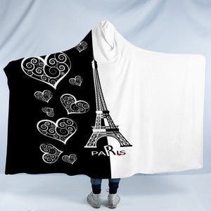 B&W Multi Heart & Eiffel Tower In Paris SWLM5352 Hooded Blanket