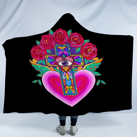 Image of Old School Cross Heart Illustration Pink Color SWLM5356 Hooded Blanket