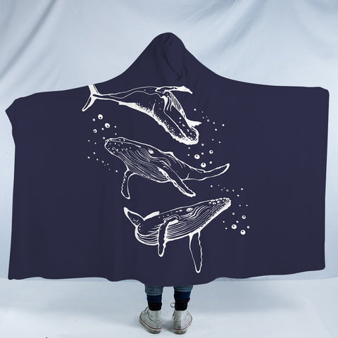 Image of Three Big Whales White Sketch Navy Theme SWLM5450 Hooded Blanket