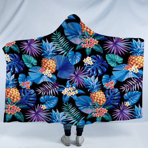 Image of Blue Tint Tropical Leaves SWLM5452 Hooded Blanket