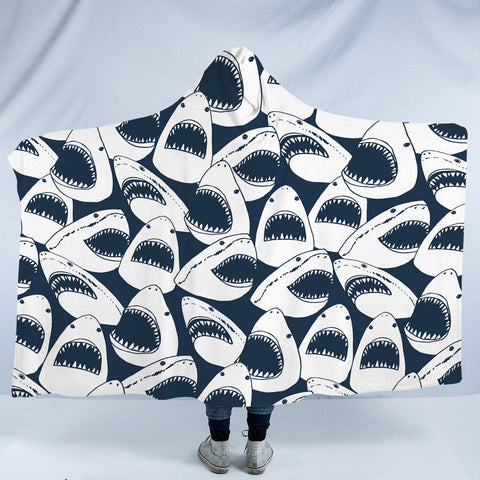 Image of Shark Jaws Navy Theme SWLM5470 Hooded Blanket
