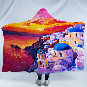 Beautiful Sunset Watercolor Italia Landscape View SWLM5475 Hooded Blanket