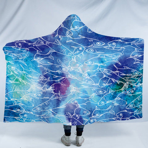 Image of Multi Small Fishes White Line Ocean Theme SWLM5498 Hooded Blanket