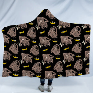Multi Monkeys & Bananas Black Theme SWLM5601 Hooded Blanket