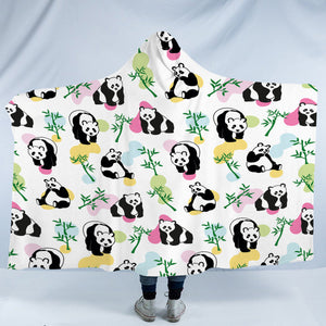 Multi Pandas & Bamboo Trees - White Pastel Theme SWLM5615 Hooded Blanket