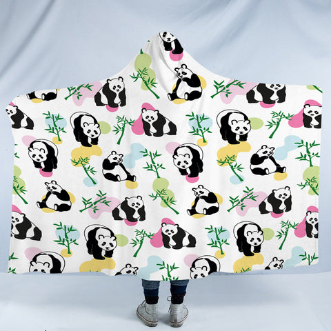 Image of Multi Pandas & Bamboo Trees - White Pastel Theme SWLM5615 Hooded Blanket