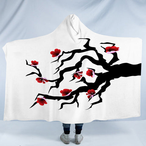 Image of B&W Red Flower Plant SWLM6117 Hooded Blanket