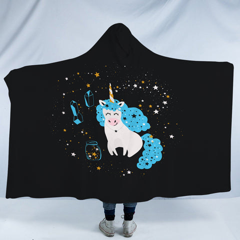 Image of Smiling Blue Hair Unicorn Among Stars SWLM6224 Hooded Blanket
