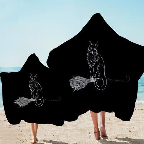 Image of Cat on Flying Broom SWLS3386 Hooded Towel