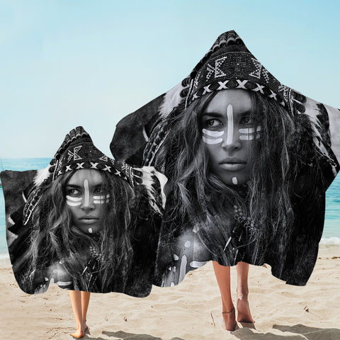 Image of B&W Aboriginal Woman SWLS3459 Hooded Towel