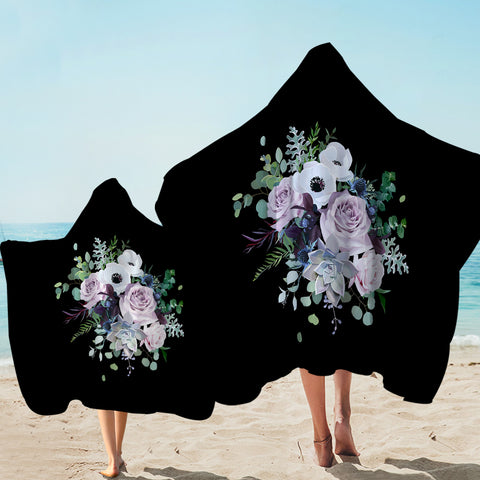 Image of Purple Flowers On Black SWLS3700 Hooded Towel