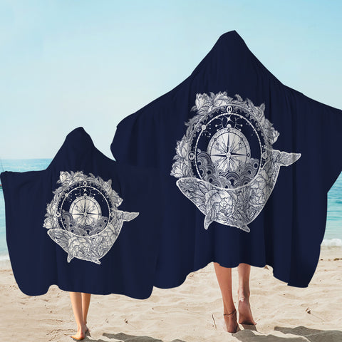 Image of Vintage Floral Whale & Compass Navy Theme SWLS3930 Hooded Towel