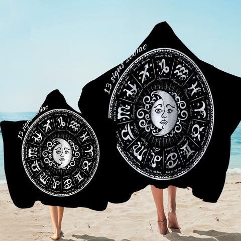 Image of Vintage B&W Sun Moon Round Zodiac SWLS4125 Hooded Towel