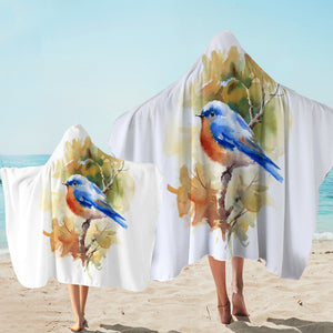 Blue Sparrow White Theme Watercolor Painting SWLS4401 Hooded Towel