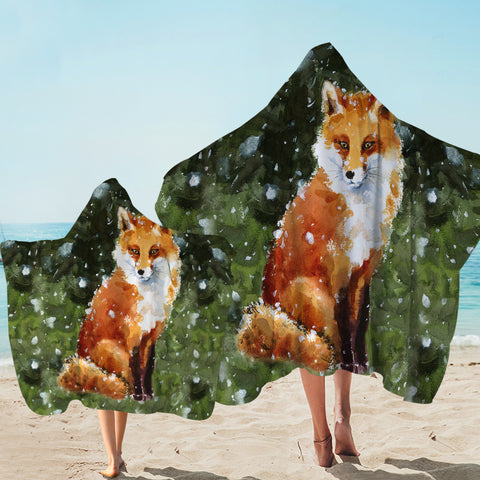 Image of Female Fox In Snow Watercolor Painting SWLS4402 Hooded Towel