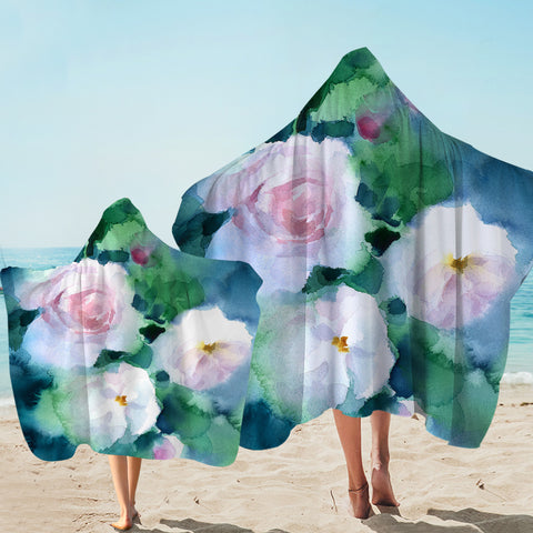Image of White Flowers & Green Leaves Watercolor Painting SWLS4409 Hooded Towel