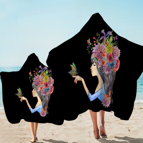 Image of Butterfly Standing On Hand Of Floral Hair Lady SWLS4424 Hooded Towel