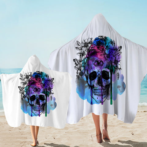 Image of Floral Skull Black Sketch Blue & Pink Watercolor SWLS4433 Hooded Towel