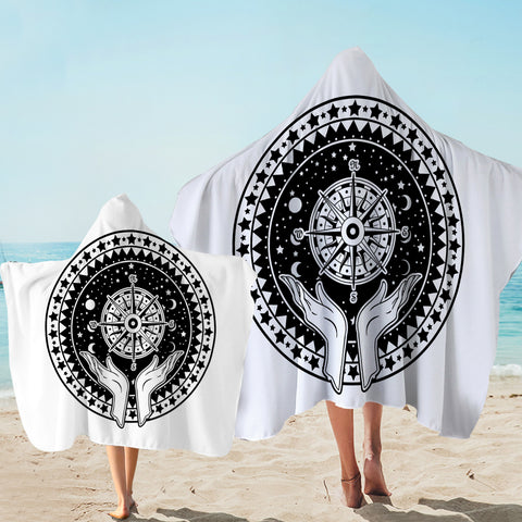 Image of B&W Raising Hands Sign Compass SWLS4596 Hooded Towel