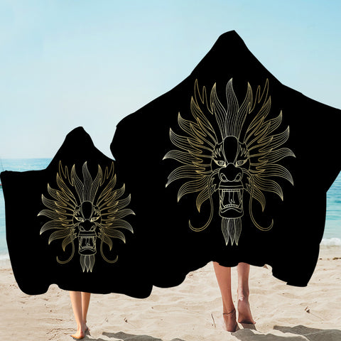 Image of Golden Asian Dragon Head Black Theme SWLS4598 Hooded Towel