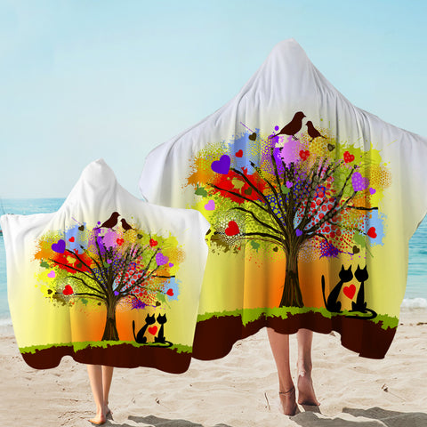 Image of Birds & Cats Couple Colorful Tree Theme SWLS4727 Hooded Towel