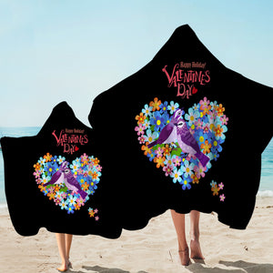 Blue Couple Sunbird In Floral Heart - Valentine's Day SWLS4746 Hooded Towel