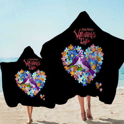 Image of Blue Couple Sunbird In Floral Heart - Valentine's Day SWLS4746 Hooded Towel