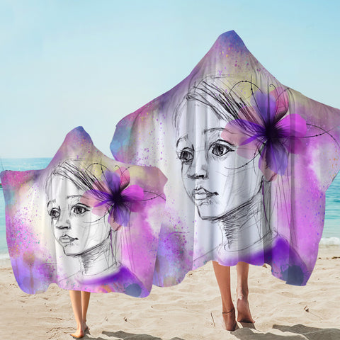 Image of Purple Floral On Lady's Ear Sketch SWLS4752 Hooded Towel