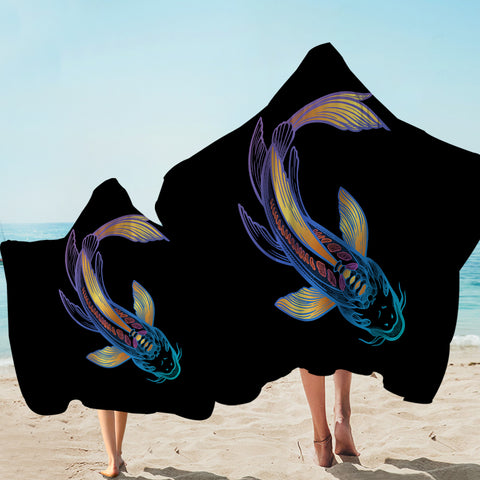 Image of Golden Gradient Blue Purple Fish Koi SWLS4755 Hooded Towel