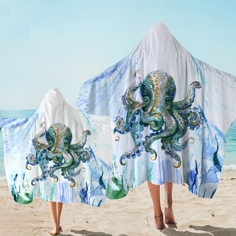 Image of Watercolor Big Octopus Blue & Green Theme SWLS5341 Hooded Towel
