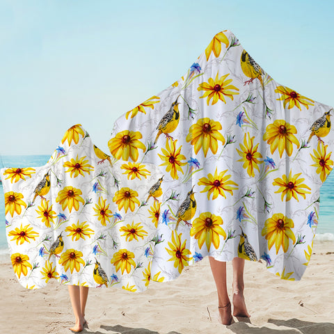 Image of Multi Yellow Aster Flowers & Sunbirds SWLS5353 Hooded Towel