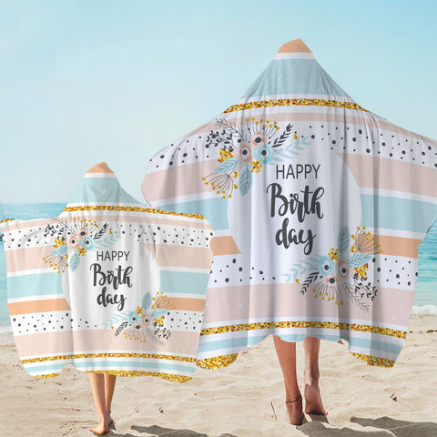 Image of Happy Birthday Floral Pastel Stripes SWLS5596 Hooded Towel