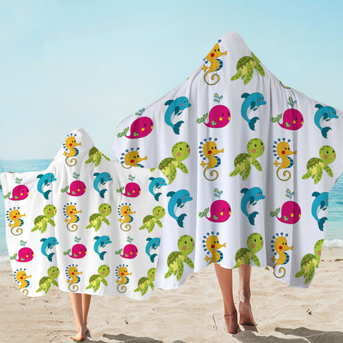 Image of Colorful Cute Tiny Marine Creatures White Theme SWLS6121 Hooded Towel