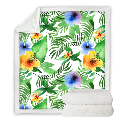 Image of Green Leaves Purple Yellow Flowers SWMT3368 Soft Sherpa Blanket