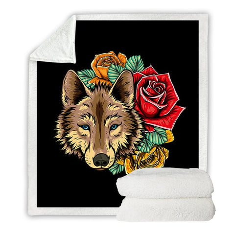 Image of Brown Wolf Two-Color Flowers SWMT3483 Soft Sherpa Blanket