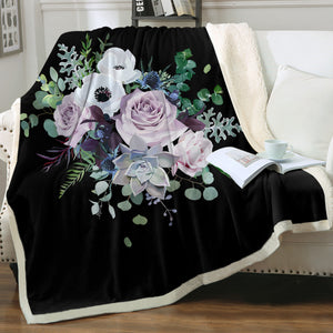 Purple Flowers On Black SWMT3700 Fleece Blanket