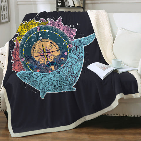 Image of Vintage Floral Pattern on Whale & Compass  SWMT3763 Fleece Blanket