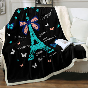 I love You More Cute Butterfly & Eiffel SWMT3824 Fleece Blanket
