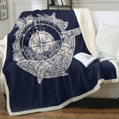 Image of Vintage Floral Whale & Compass Navy Theme SWMT3930 Fleece Blanket