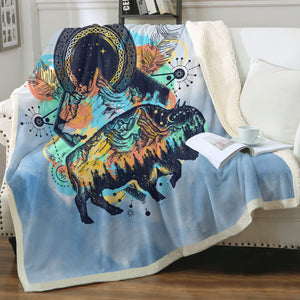 Vintage Buffalo & Compass - Watercolor Pastel Animal Theme SWMT3932 Fleece Blanket