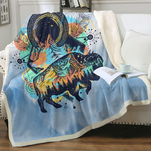 Image of Vintage Buffalo & Compass - Watercolor Pastel Animal Theme SWMT3932 Fleece Blanket