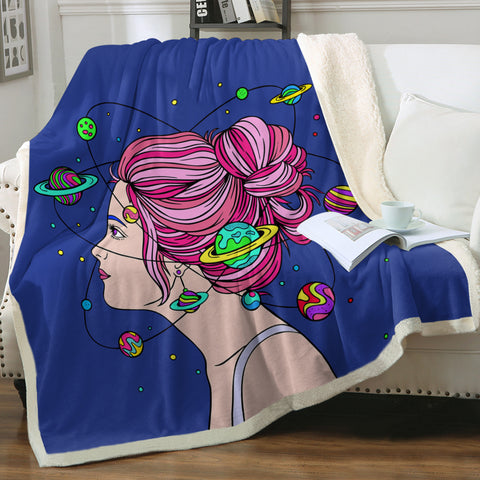 Image of Space Mind Girl Pink Hair Illustration SWMT3939 Fleece Blanket
